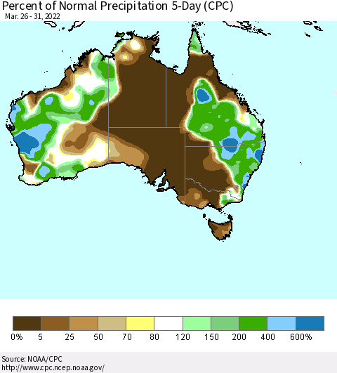 Australia Percent of Normal Precipitation 5-Day (CPC) Thematic Map For 3/26/2022 - 3/31/2022