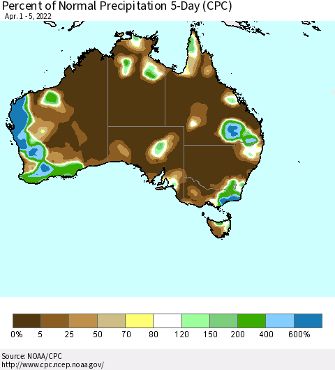 Australia Percent of Normal Precipitation 5-Day (CPC) Thematic Map For 4/1/2022 - 4/5/2022