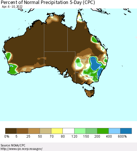 Australia Percent of Normal Precipitation 5-Day (CPC) Thematic Map For 4/6/2022 - 4/10/2022