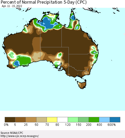 Australia Percent of Normal Precipitation 5-Day (CPC) Thematic Map For 4/11/2022 - 4/15/2022