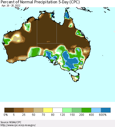 Australia Percent of Normal Precipitation 5-Day (CPC) Thematic Map For 4/16/2022 - 4/20/2022