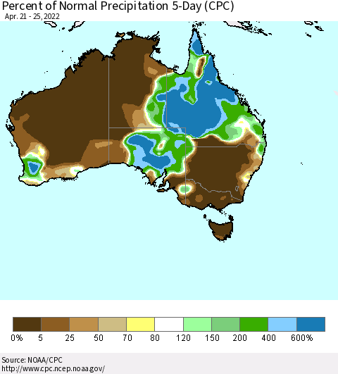Australia Percent of Normal Precipitation 5-Day (CPC) Thematic Map For 4/21/2022 - 4/25/2022