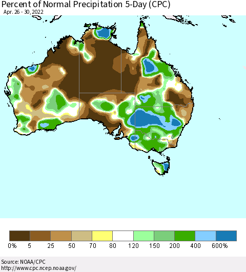Australia Percent of Normal Precipitation 5-Day (CPC) Thematic Map For 4/26/2022 - 4/30/2022