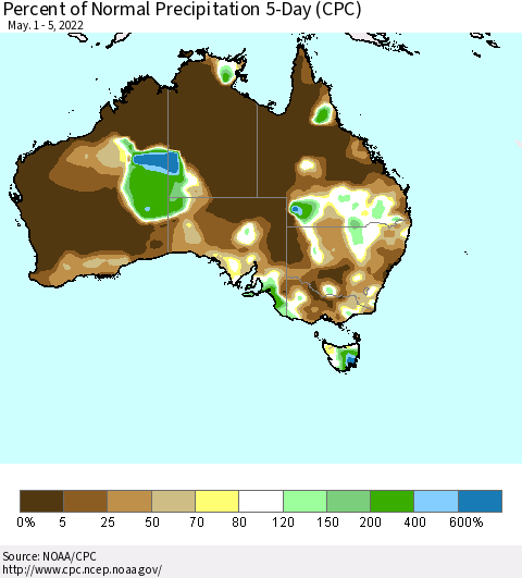 Australia Percent of Normal Precipitation 5-Day (CPC) Thematic Map For 5/1/2022 - 5/5/2022