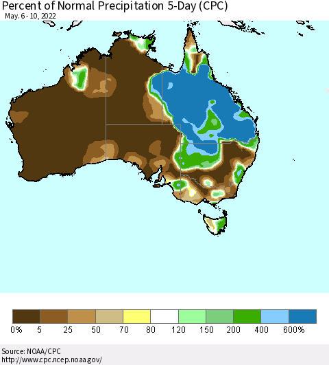 Australia Percent of Normal Precipitation 5-Day (CPC) Thematic Map For 5/6/2022 - 5/10/2022