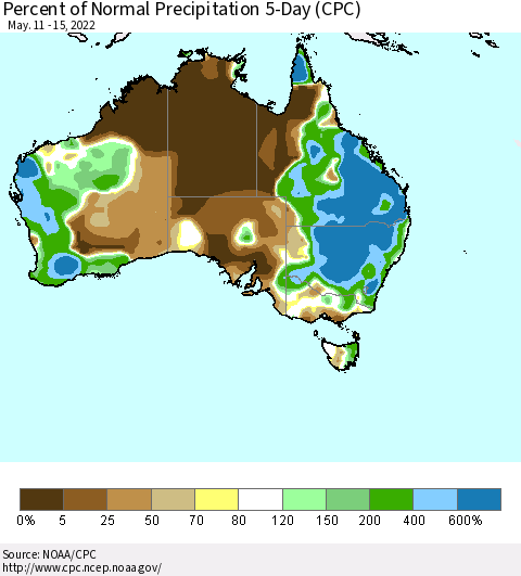 Australia Percent of Normal Precipitation 5-Day (CPC) Thematic Map For 5/11/2022 - 5/15/2022