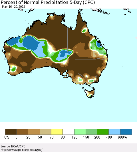 Australia Percent of Normal Precipitation 5-Day (CPC) Thematic Map For 5/16/2022 - 5/20/2022