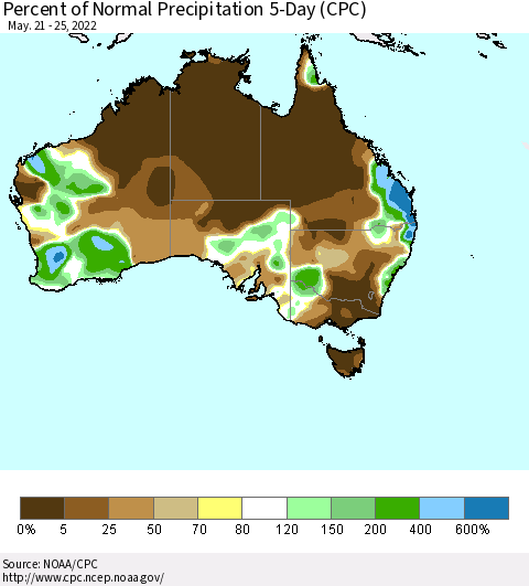 Australia Percent of Normal Precipitation 5-Day (CPC) Thematic Map For 5/21/2022 - 5/25/2022