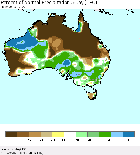Australia Percent of Normal Precipitation 5-Day (CPC) Thematic Map For 5/26/2022 - 5/31/2022