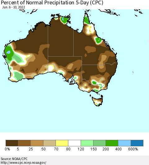 Australia Percent of Normal Precipitation 5-Day (CPC) Thematic Map For 6/6/2022 - 6/10/2022