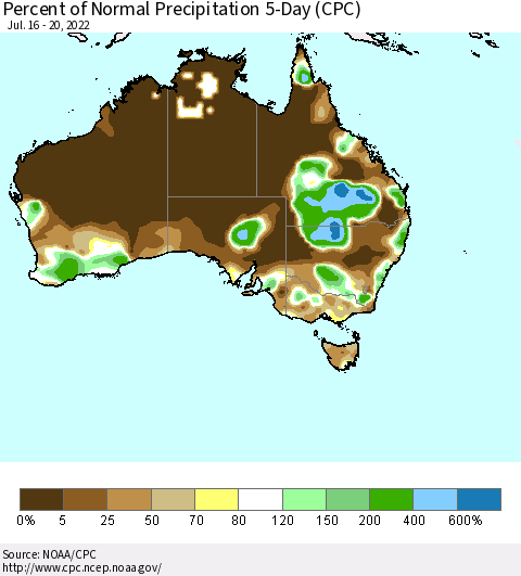 Australia Percent of Normal Precipitation 5-Day (CPC) Thematic Map For 7/16/2022 - 7/20/2022