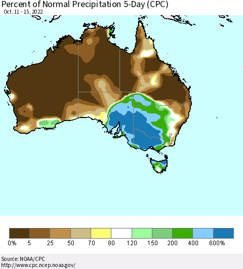 Australia Percent of Normal Precipitation 5-Day (CPC) Thematic Map For 10/11/2022 - 10/15/2022