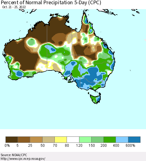 Australia Percent of Normal Precipitation 5-Day (CPC) Thematic Map For 10/21/2022 - 10/25/2022