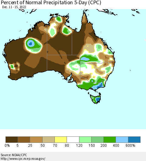 Australia Percent of Normal Precipitation 5-Day (CPC) Thematic Map For 12/11/2022 - 12/15/2022