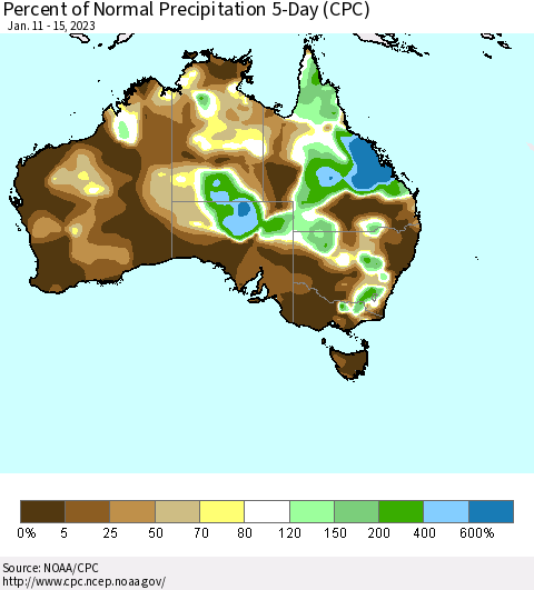 Australia Percent of Normal Precipitation 5-Day (CPC) Thematic Map For 1/11/2023 - 1/15/2023