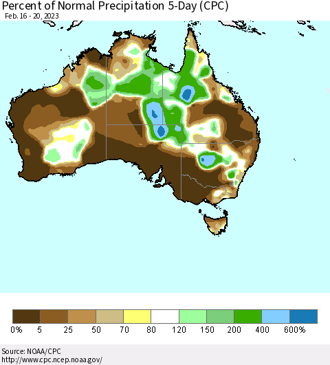 Australia Percent of Normal Precipitation 5-Day (CPC) Thematic Map For 2/16/2023 - 2/20/2023