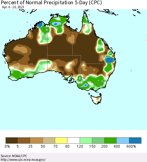 Australia Percent of Normal Precipitation 5-Day (CPC) Thematic Map For 4/6/2023 - 4/10/2023