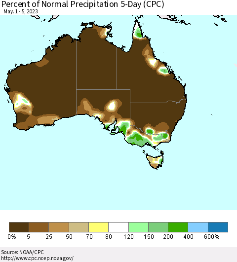 Australia Percent of Normal Precipitation 5-Day (CPC) Thematic Map For 5/1/2023 - 5/5/2023