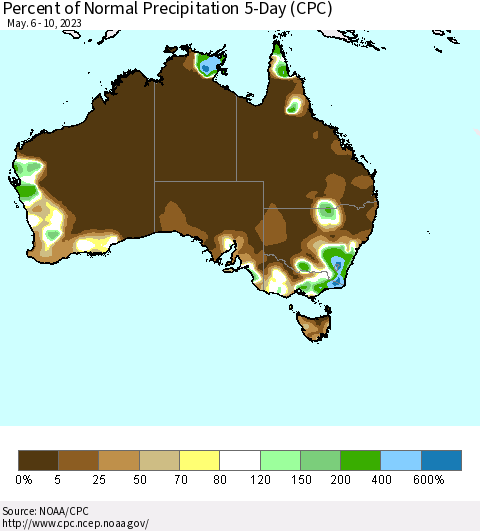 Australia Percent of Normal Precipitation 5-Day (CPC) Thematic Map For 5/6/2023 - 5/10/2023