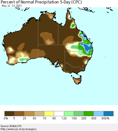 Australia Percent of Normal Precipitation 5-Day (CPC) Thematic Map For 5/11/2023 - 5/15/2023