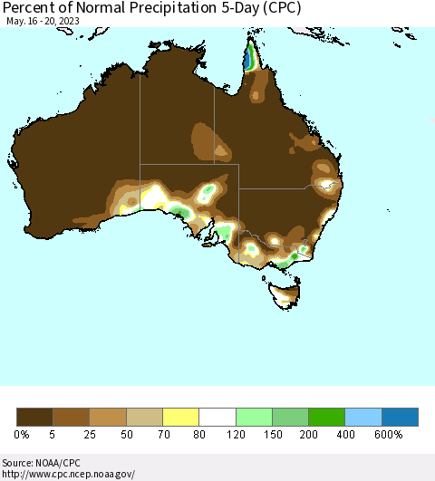 Australia Percent of Normal Precipitation 5-Day (CPC) Thematic Map For 5/16/2023 - 5/20/2023