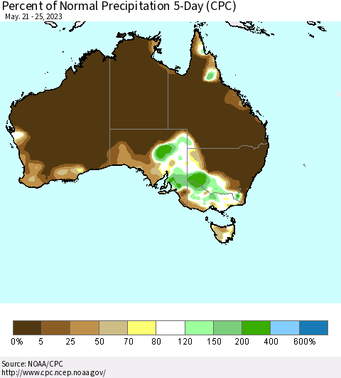 Australia Percent of Normal Precipitation 5-Day (CPC) Thematic Map For 5/21/2023 - 5/25/2023