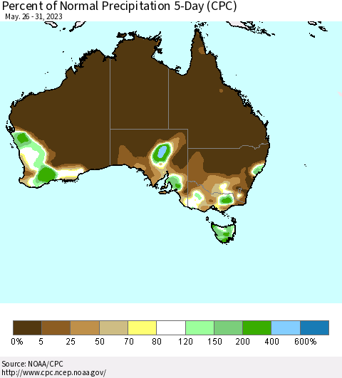 Australia Percent of Normal Precipitation 5-Day (CPC) Thematic Map For 5/26/2023 - 5/31/2023