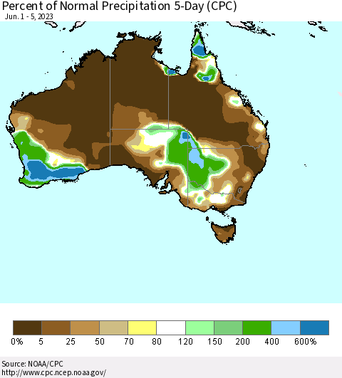 Australia Percent of Normal Precipitation 5-Day (CPC) Thematic Map For 6/1/2023 - 6/5/2023
