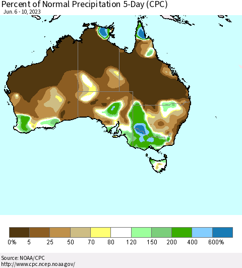 Australia Percent of Normal Precipitation 5-Day (CPC) Thematic Map For 6/6/2023 - 6/10/2023