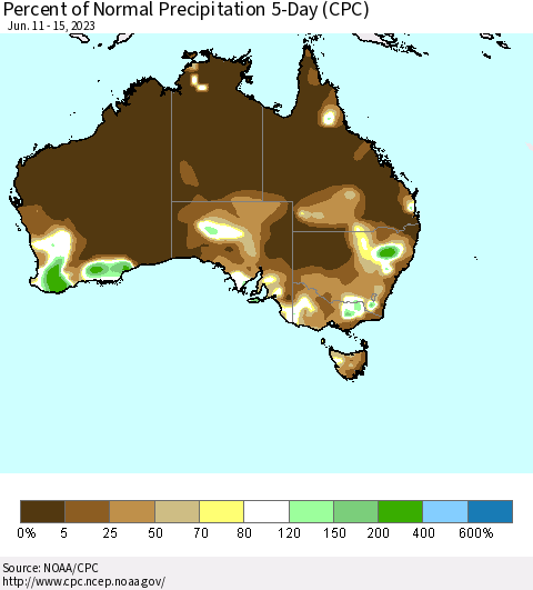 Australia Percent of Normal Precipitation 5-Day (CPC) Thematic Map For 6/11/2023 - 6/15/2023
