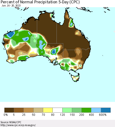 Australia Percent of Normal Precipitation 5-Day (CPC) Thematic Map For 6/16/2023 - 6/20/2023