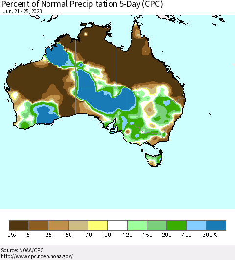 Australia Percent of Normal Precipitation 5-Day (CPC) Thematic Map For 6/21/2023 - 6/25/2023