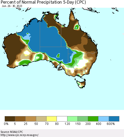 Australia Percent of Normal Precipitation 5-Day (CPC) Thematic Map For 6/26/2023 - 6/30/2023