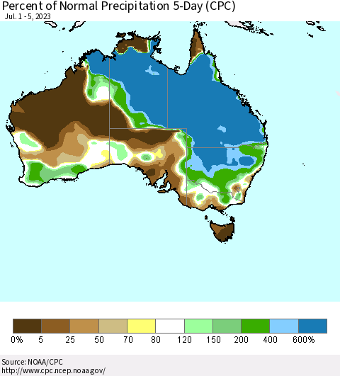 Australia Percent of Normal Precipitation 5-Day (CPC) Thematic Map For 7/1/2023 - 7/5/2023