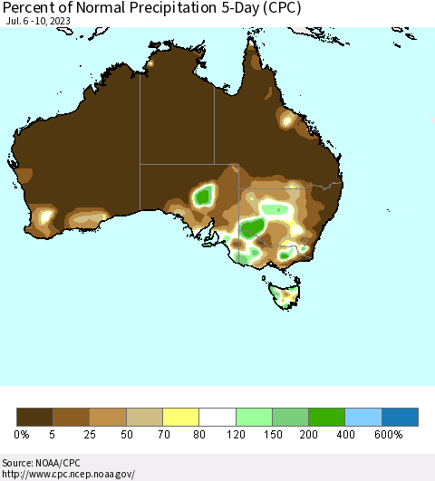 Australia Percent of Normal Precipitation 5-Day (CPC) Thematic Map For 7/6/2023 - 7/10/2023