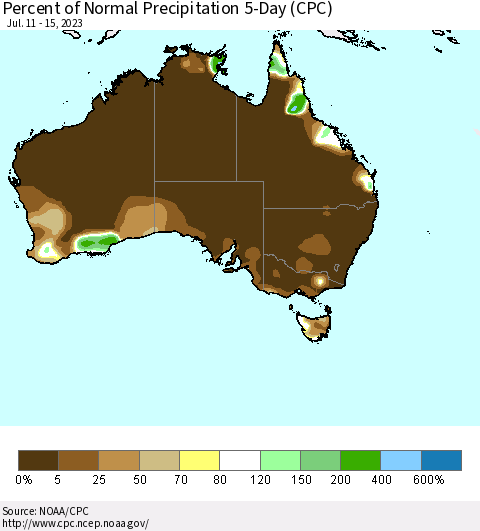 Australia Percent of Normal Precipitation 5-Day (CPC) Thematic Map For 7/11/2023 - 7/15/2023