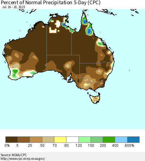 Australia Percent of Normal Precipitation 5-Day (CPC) Thematic Map For 7/16/2023 - 7/20/2023