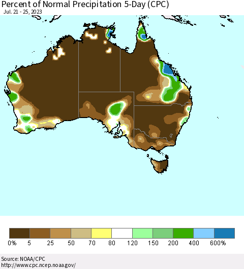 Australia Percent of Normal Precipitation 5-Day (CPC) Thematic Map For 7/21/2023 - 7/25/2023
