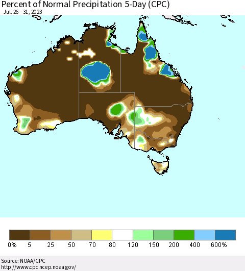 Australia Percent of Normal Precipitation 5-Day (CPC) Thematic Map For 7/26/2023 - 7/31/2023