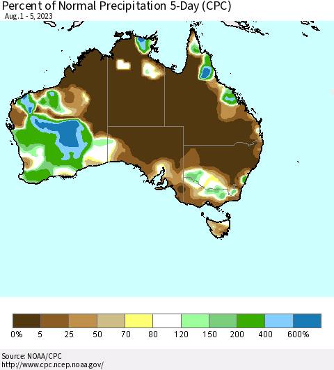 Australia Percent of Normal Precipitation 5-Day (CPC) Thematic Map For 8/1/2023 - 8/5/2023