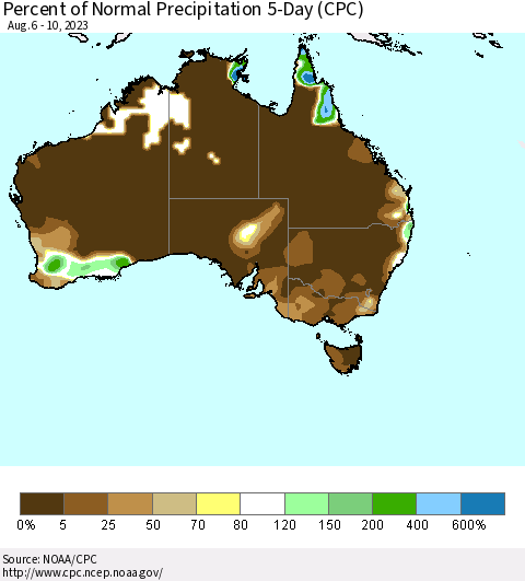 Australia Percent of Normal Precipitation 5-Day (CPC) Thematic Map For 8/6/2023 - 8/10/2023