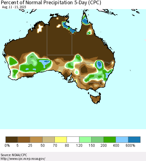 Australia Percent of Normal Precipitation 5-Day (CPC) Thematic Map For 8/11/2023 - 8/15/2023