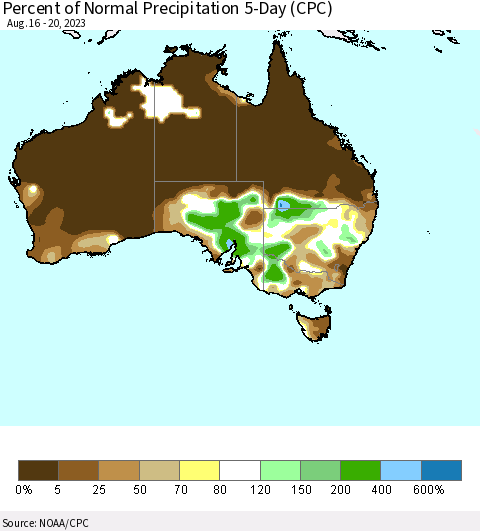 Australia Percent of Normal Precipitation 5-Day (CPC) Thematic Map For 8/16/2023 - 8/20/2023