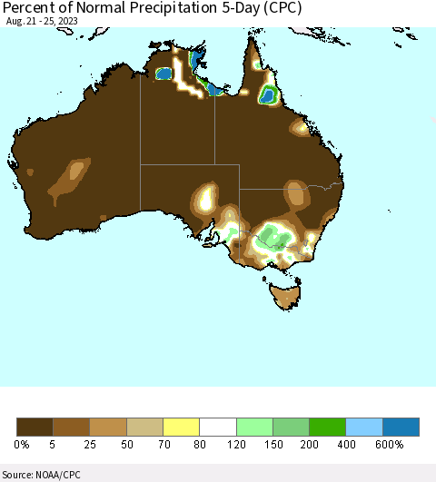 Australia Percent of Normal Precipitation 5-Day (CPC) Thematic Map For 8/21/2023 - 8/25/2023