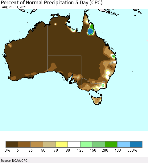 Australia Percent of Normal Precipitation 5-Day (CPC) Thematic Map For 8/26/2023 - 8/31/2023