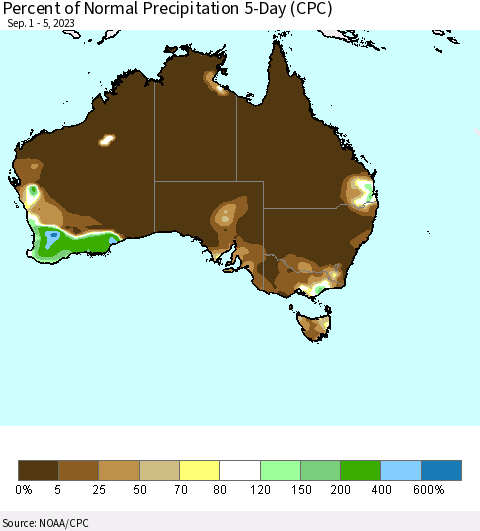 Australia Percent of Normal Precipitation 5-Day (CPC) Thematic Map For 9/1/2023 - 9/5/2023