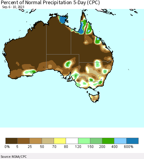 Australia Percent of Normal Precipitation 5-Day (CPC) Thematic Map For 9/6/2023 - 9/10/2023