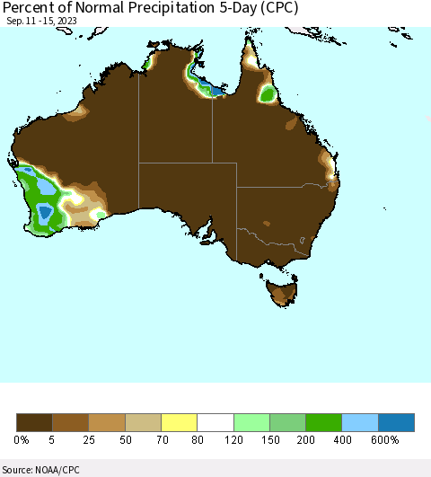 Australia Percent of Normal Precipitation 5-Day (CPC) Thematic Map For 9/11/2023 - 9/15/2023