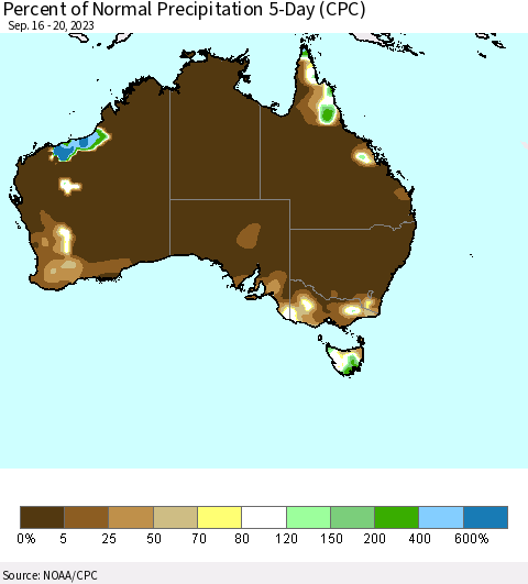 Australia Percent of Normal Precipitation 5-Day (CPC) Thematic Map For 9/16/2023 - 9/20/2023
