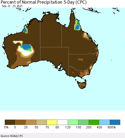 Australia Percent of Normal Precipitation 5-Day (CPC) Thematic Map For 9/21/2023 - 9/25/2023